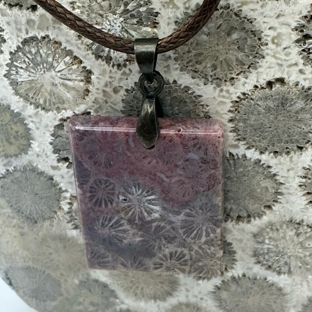 Rectangle Coral Fossil Pendant Necklace - Picture 1 of 14